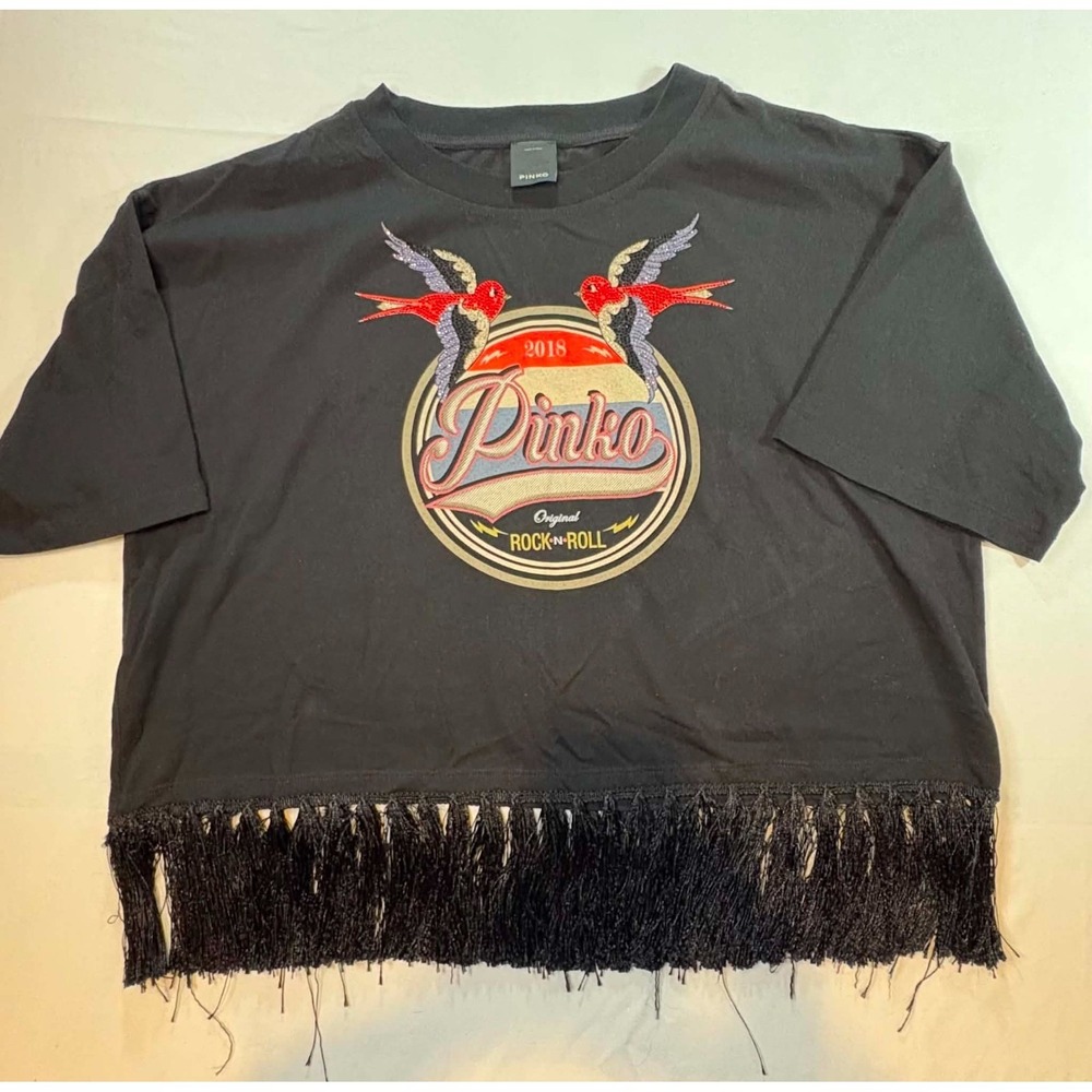 Pinko Italy Womens Graphic T Shirt Large L Rhinestone Love Birds RockNRoll Fring